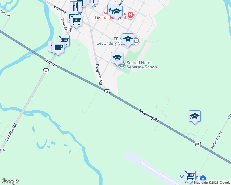 map of restaurants, bars, coffee shops, grocery stores, and more near 261 Diagonal Road in Wingham