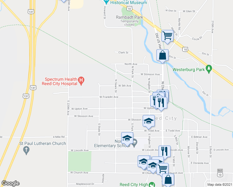 map of restaurants, bars, coffee shops, grocery stores, and more near 230 North Sears Street in Reed City