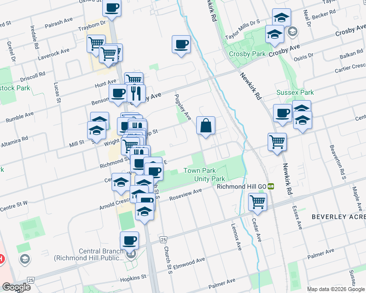 map of restaurants, bars, coffee shops, grocery stores, and more near 39 Coventry Court in Richmond Hill