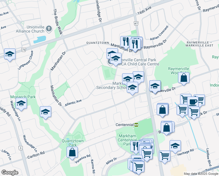 map of restaurants, bars, coffee shops, grocery stores, and more near 74 Atlantic Avenue in Markham