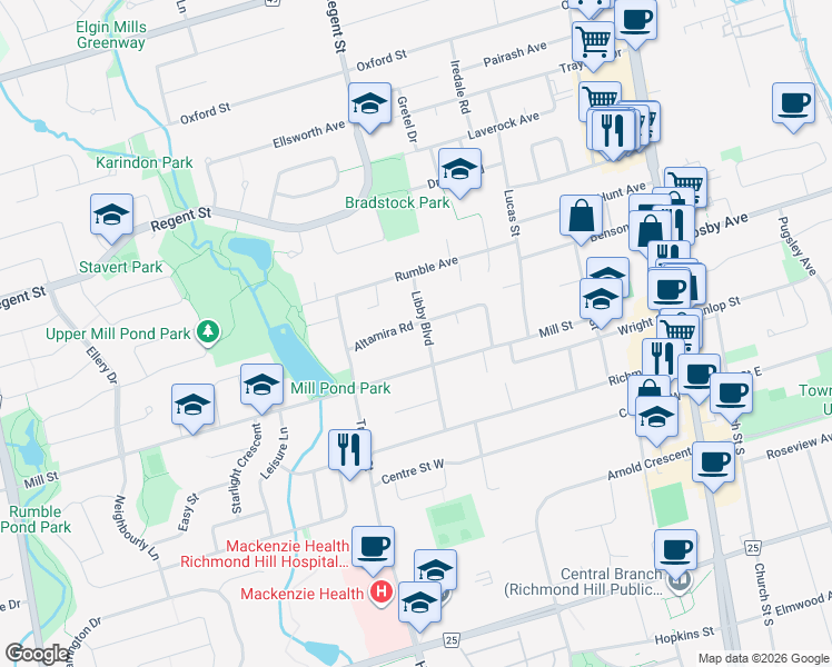 map of restaurants, bars, coffee shops, grocery stores, and more near 213 Altamira Road in Richmond Hill