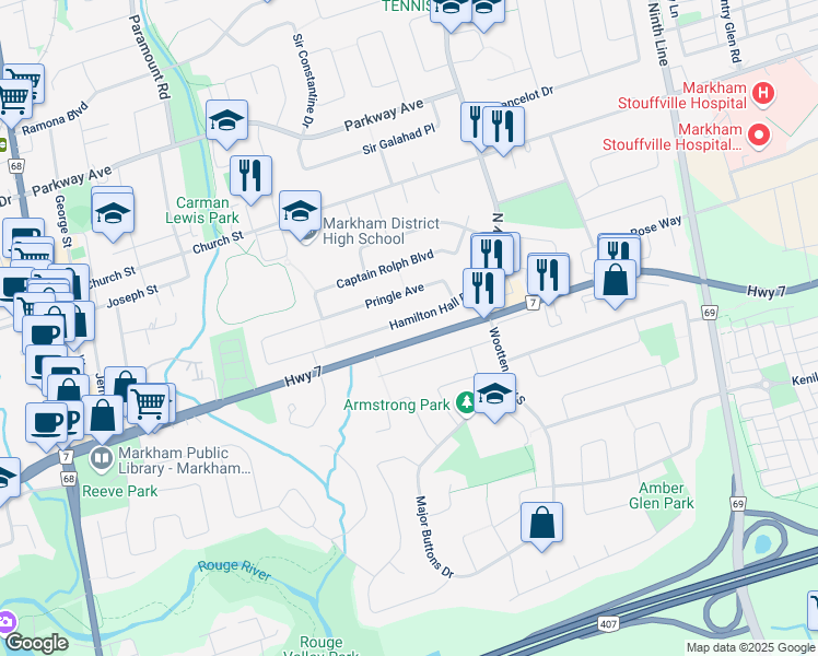 map of restaurants, bars, coffee shops, grocery stores, and more near 35 Hamilton Hall Drive in Markham