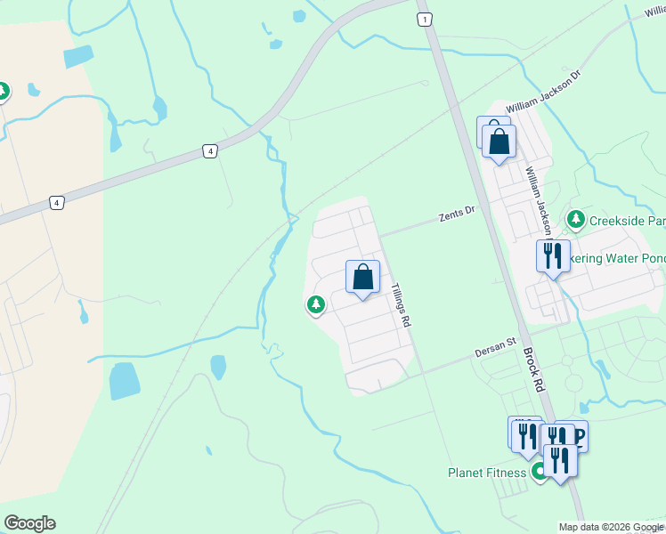 map of restaurants, bars, coffee shops, grocery stores, and more near 1582 Brandy Court in Pickering