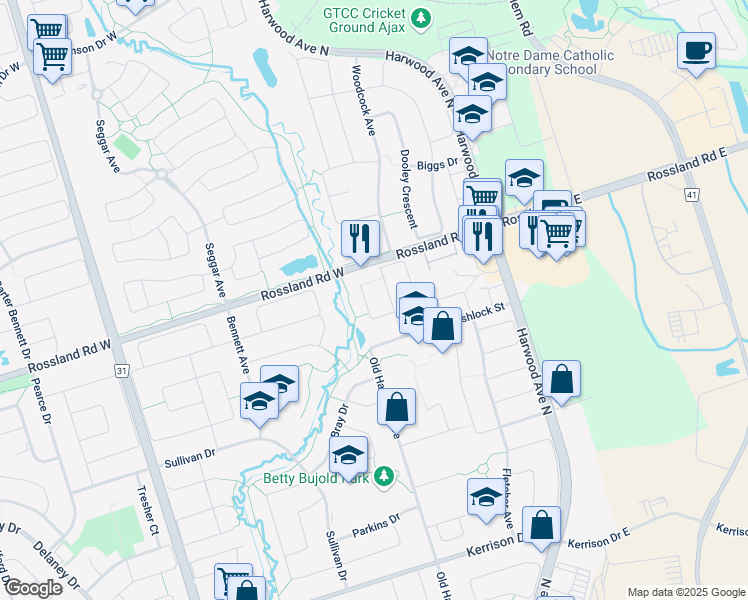 map of restaurants, bars, coffee shops, grocery stores, and more near 123 Smales Drive in Ajax