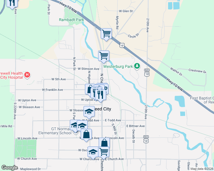 map of restaurants, bars, coffee shops, grocery stores, and more near 228 North Chestnut Street in Reed City