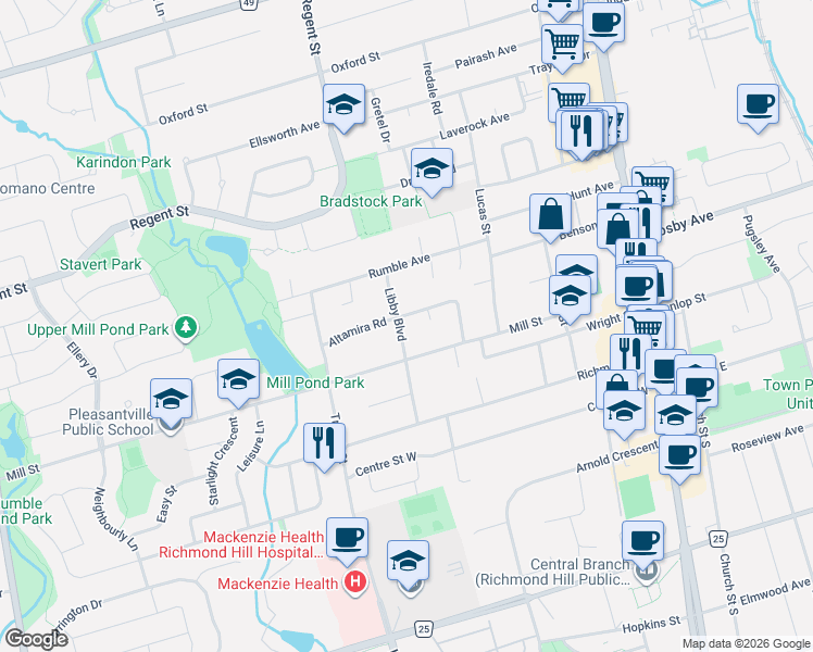 map of restaurants, bars, coffee shops, grocery stores, and more near 111 Libby Boulevard in Richmond Hill