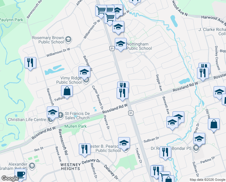 map of restaurants, bars, coffee shops, grocery stores, and more near 107 Bean Crescent in Ajax