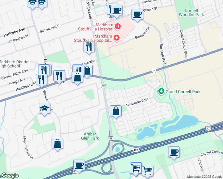 map of restaurants, bars, coffee shops, grocery stores, and more near in Markham