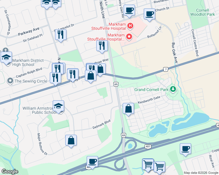 map of restaurants, bars, coffee shops, grocery stores, and more near 78 Senator Reesor's Drive in Markham