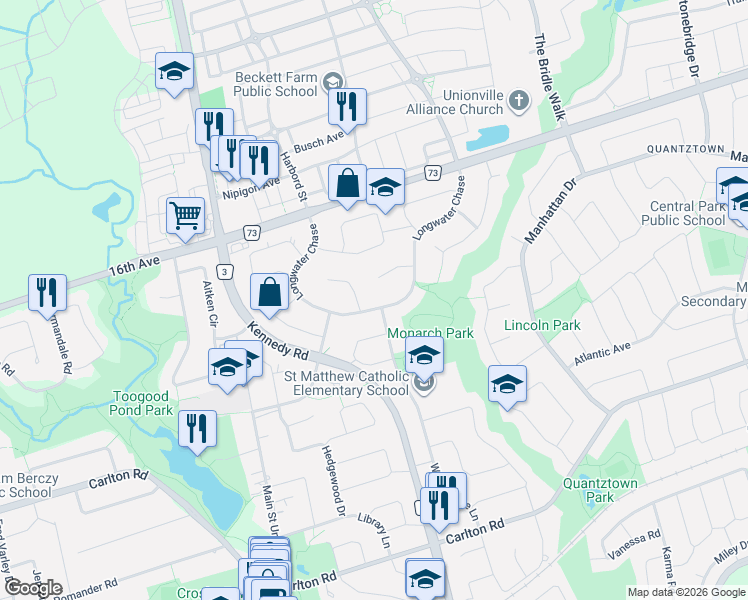 map of restaurants, bars, coffee shops, grocery stores, and more near 17 Pinebrook Hollow in Markham
