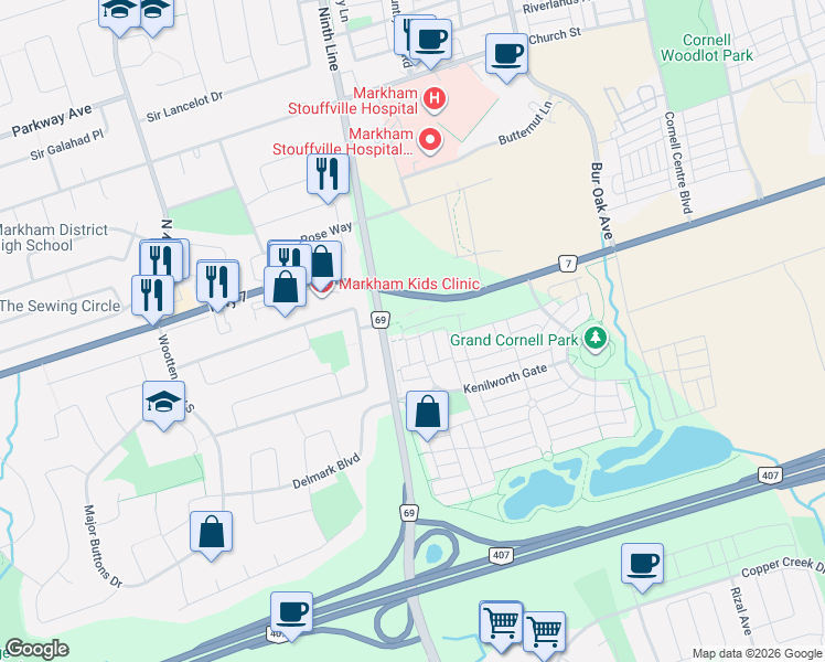 map of restaurants, bars, coffee shops, grocery stores, and more near 11 Dunsheath Way in Markham