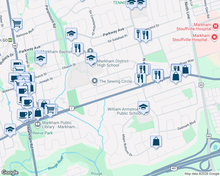map of restaurants, bars, coffee shops, grocery stores, and more near 24 Hamilton Hall Drive in Markham