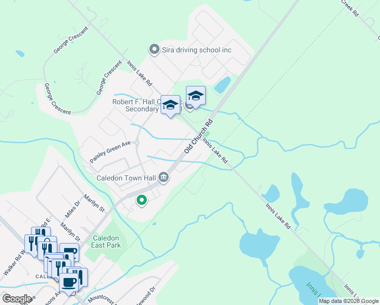 map of restaurants, bars, coffee shops, grocery stores, and more near 6425 Old Church Road in Caledon Village