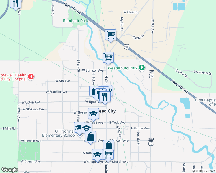 map of restaurants, bars, coffee shops, grocery stores, and more near 228 North Chestnut Street in Reed City
