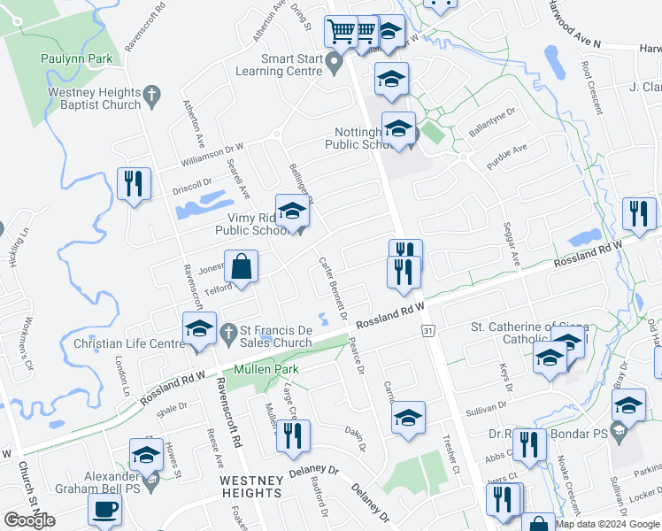 map of restaurants, bars, coffee shops, grocery stores, and more near in Ajax