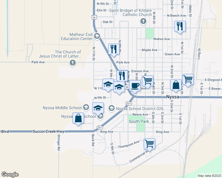 map of restaurants, bars, coffee shops, grocery stores, and more near 101 South 11th Street in Nyssa