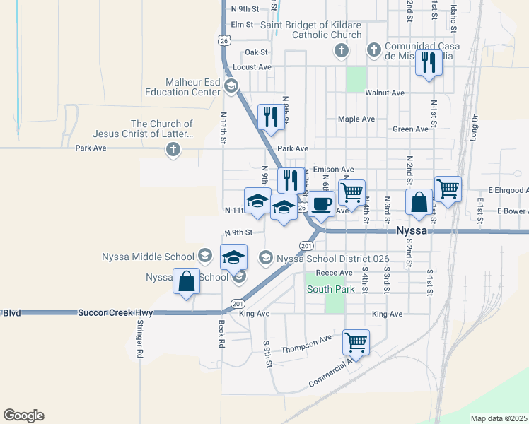 map of restaurants, bars, coffee shops, grocery stores, and more near 101 South 11th Street in Nyssa