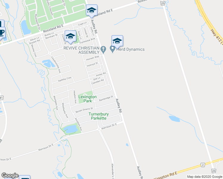 map of restaurants, bars, coffee shops, grocery stores, and more near 66 Barnfield Crescent in Ajax