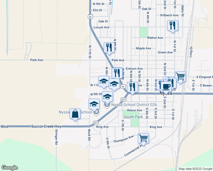 map of restaurants, bars, coffee shops, grocery stores, and more near 809 Bower Avenue in Nyssa