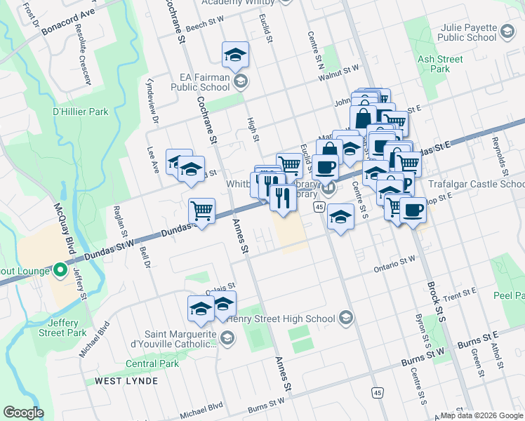 map of restaurants, bars, coffee shops, grocery stores, and more near 707 Dundas Street West in Whitby