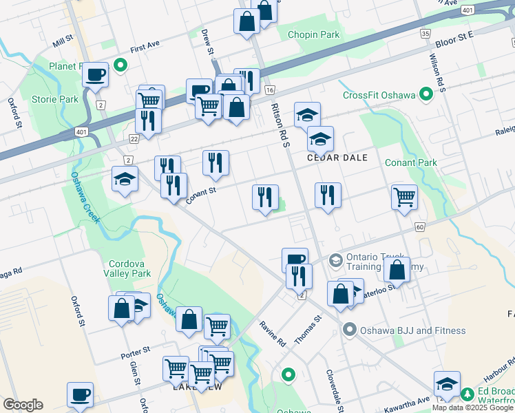 map of restaurants, bars, coffee shops, grocery stores, and more near in Oshawa