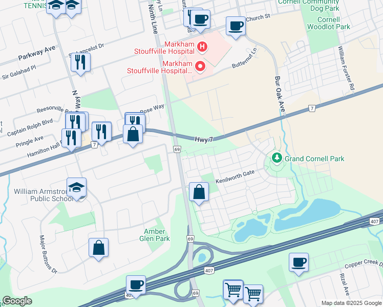 map of restaurants, bars, coffee shops, grocery stores, and more near in Markham