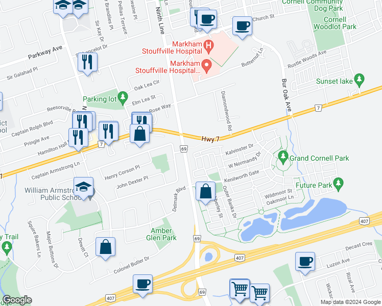 map of restaurants, bars, coffee shops, grocery stores, and more near in Markham