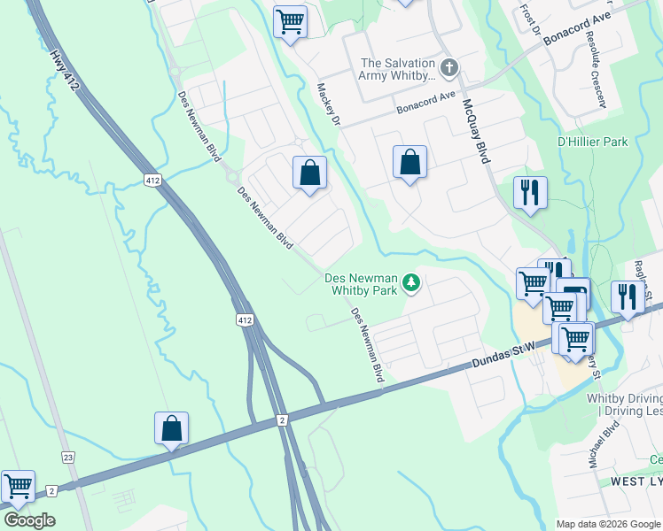 map of restaurants, bars, coffee shops, grocery stores, and more near 3 Westfield Drive in Whitby