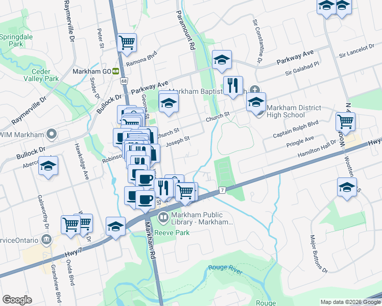 map of restaurants, bars, coffee shops, grocery stores, and more near 10 Houghton Boulevard in Markham