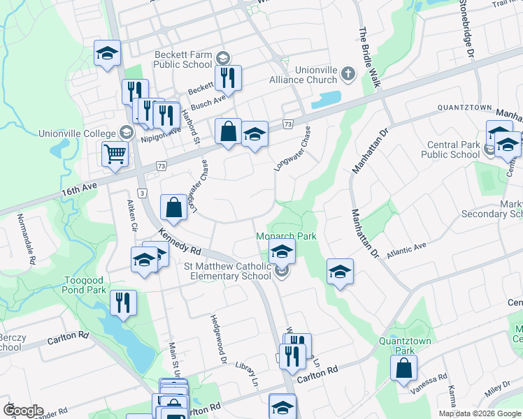 map of restaurants, bars, coffee shops, grocery stores, and more near 72 Longwater Chase in Markham