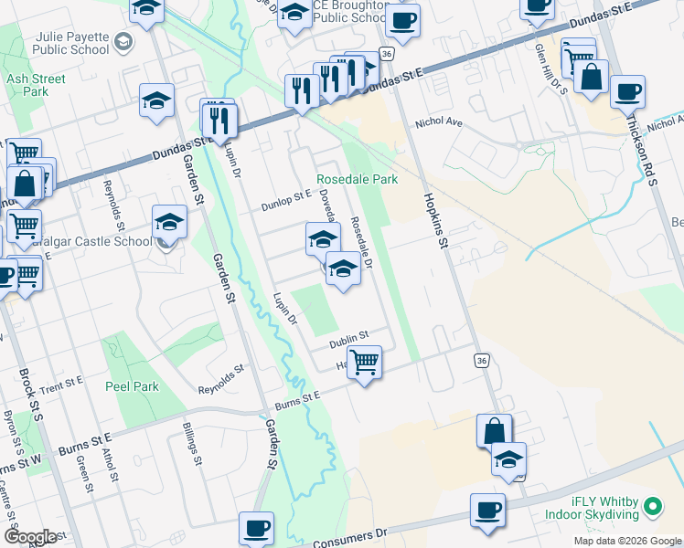 map of restaurants, bars, coffee shops, grocery stores, and more near 404 Dovedale Drive in Whitby