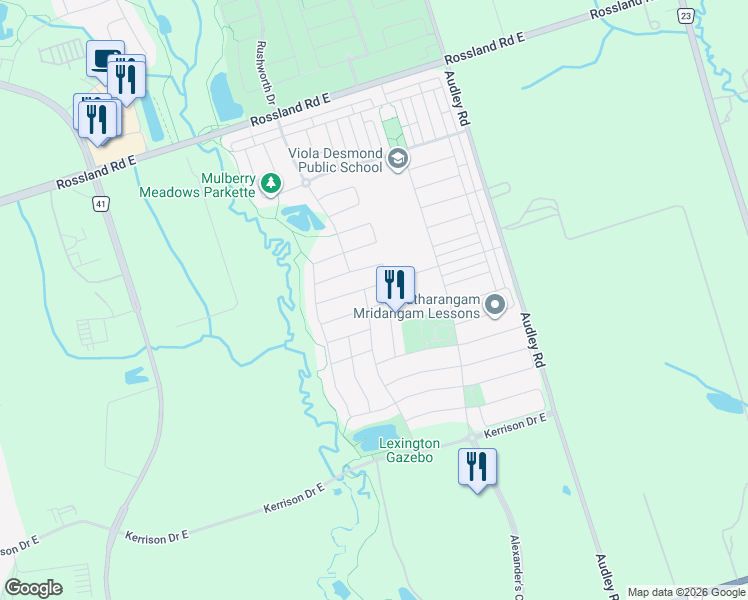 map of restaurants, bars, coffee shops, grocery stores, and more near 45 Headon Avenue in Ajax