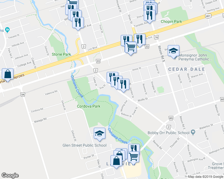map of restaurants, bars, coffee shops, grocery stores, and more near in Oshawa