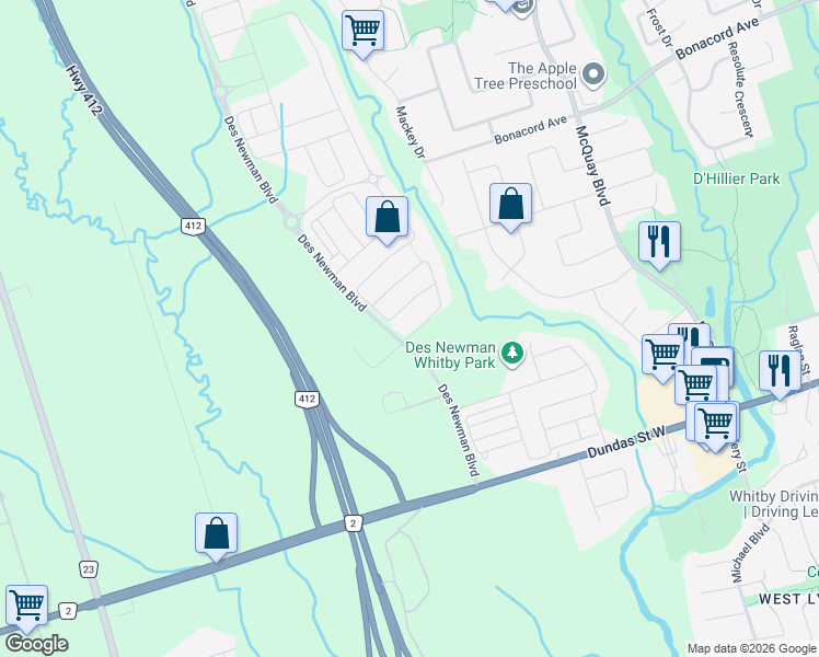 map of restaurants, bars, coffee shops, grocery stores, and more near 8 Westfield Drive in Whitby