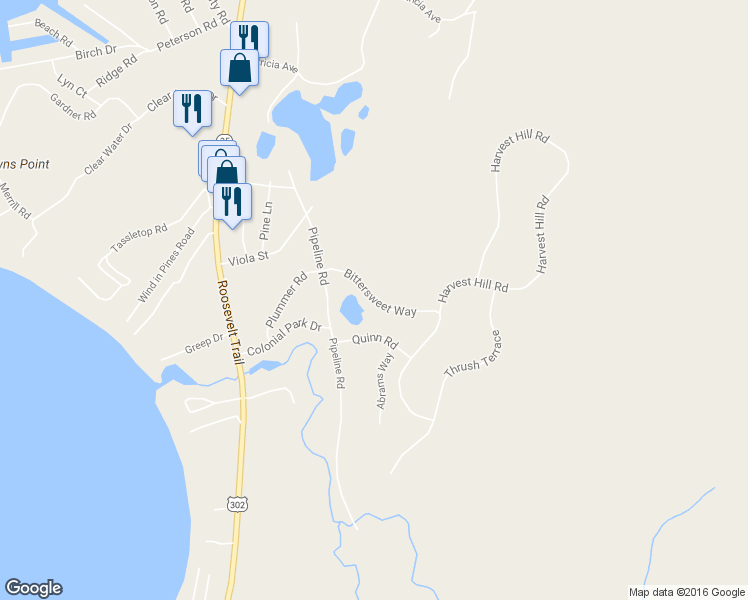 map of restaurants, bars, coffee shops, grocery stores, and more near Bittersweet Way in Windham