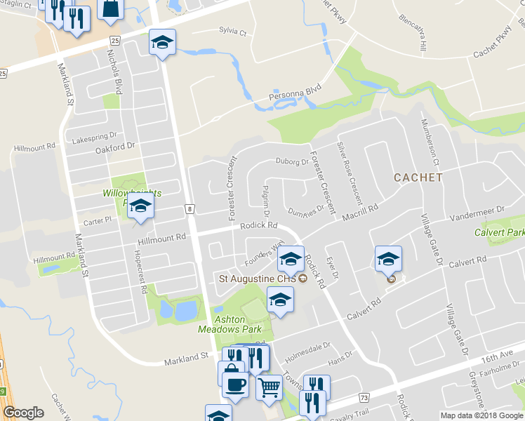 map of restaurants, bars, coffee shops, grocery stores, and more near 6 Pilgrim Drive in Markham