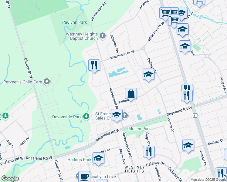 map of restaurants, bars, coffee shops, grocery stores, and more near 1127 Ravenscroft Road in Ajax