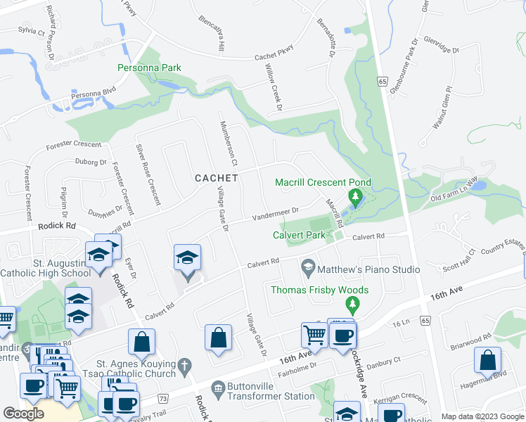 map of restaurants, bars, coffee shops, grocery stores, and more near 20 Vandermeer Drive in Markham