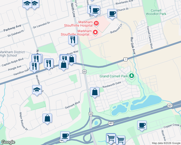 map of restaurants, bars, coffee shops, grocery stores, and more near 10 Dunsheath Way in Markham