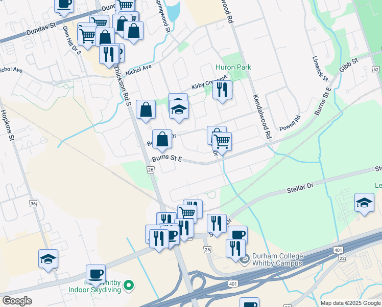 map of restaurants, bars, coffee shops, grocery stores, and more near 39 Dorvis Drive in Whitby