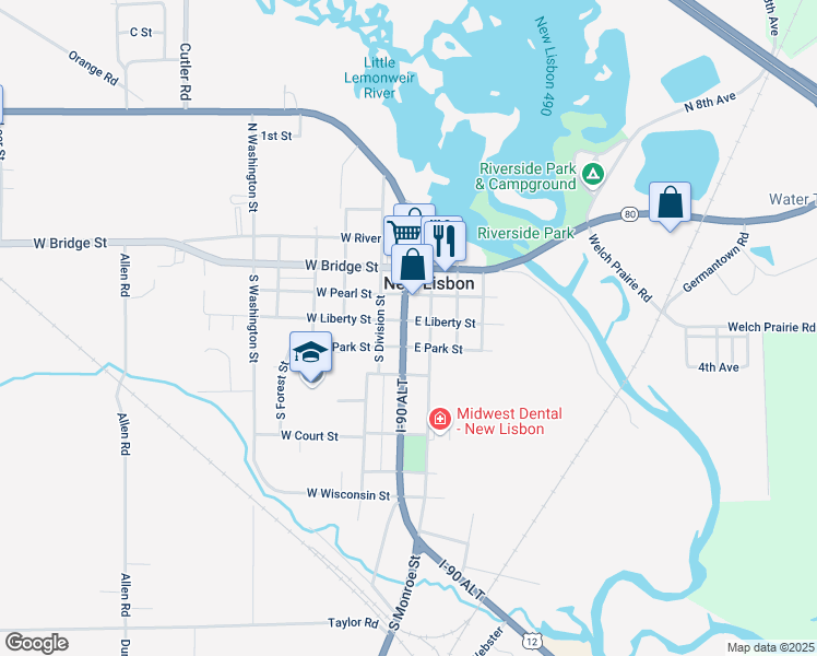 map of restaurants, bars, coffee shops, grocery stores, and more near 308 Wisconsin 16 in New Lisbon