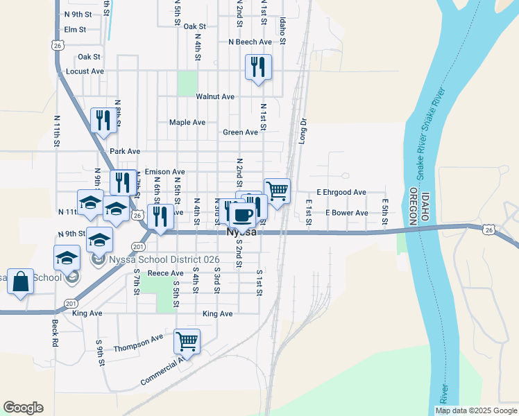 map of restaurants, bars, coffee shops, grocery stores, and more near 101 North 1st Street in Nyssa