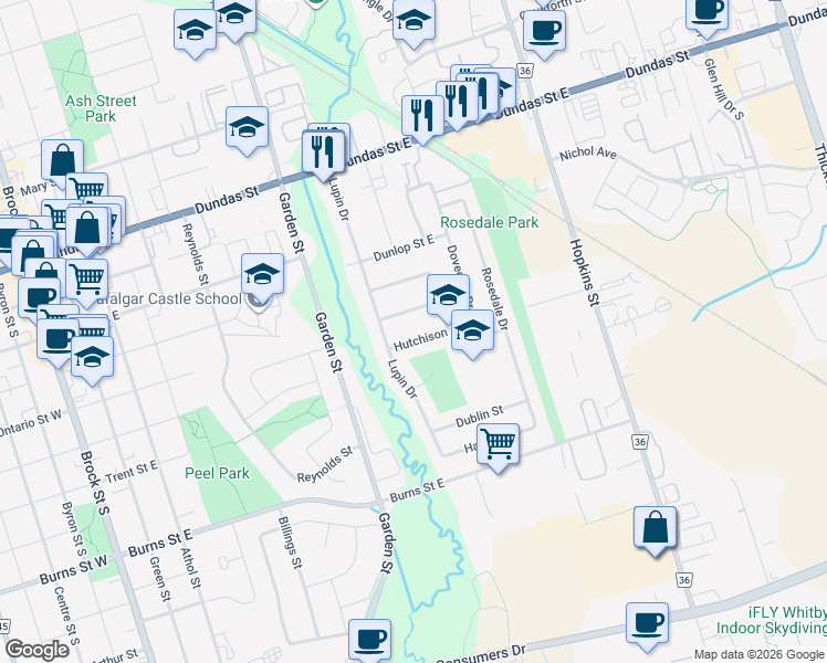 map of restaurants, bars, coffee shops, grocery stores, and more near 908 Hutchison Avenue in Whitby
