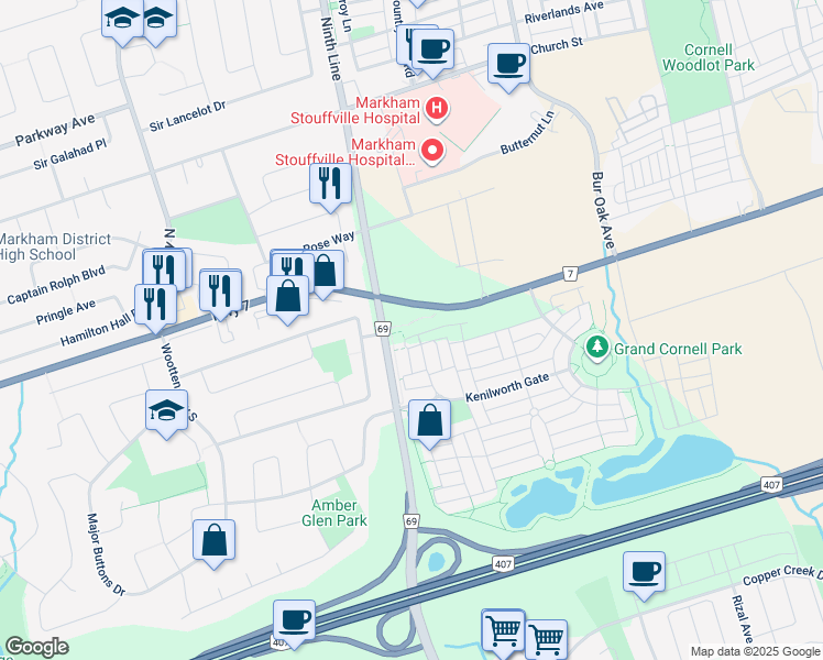 map of restaurants, bars, coffee shops, grocery stores, and more near in Markham