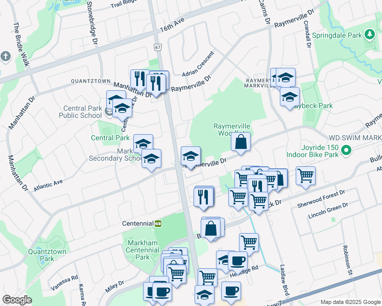 map of restaurants, bars, coffee shops, grocery stores, and more near in Markham