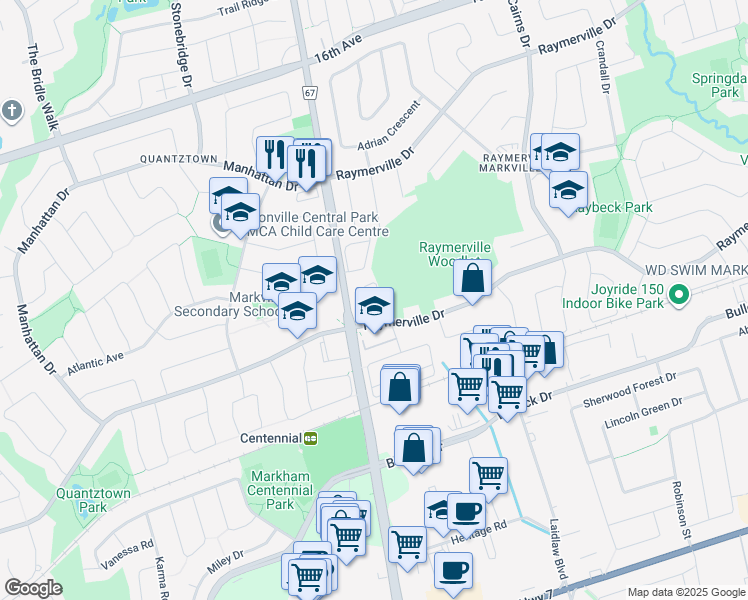 map of restaurants, bars, coffee shops, grocery stores, and more near 2 Raymerville Drive in Markham