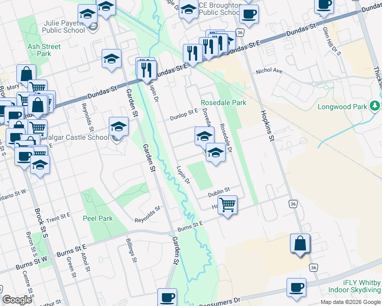 map of restaurants, bars, coffee shops, grocery stores, and more near 908 Hutchison Avenue in Whitby