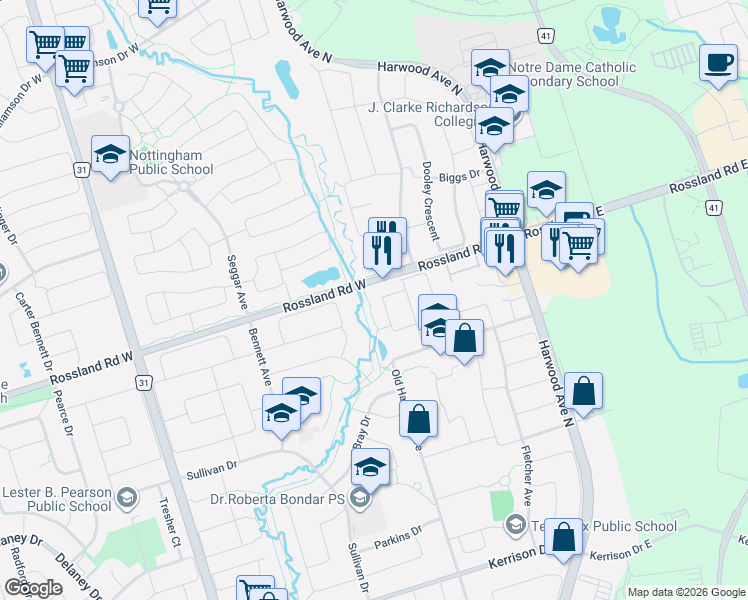 map of restaurants, bars, coffee shops, grocery stores, and more near 106 Smales Drive in Ajax