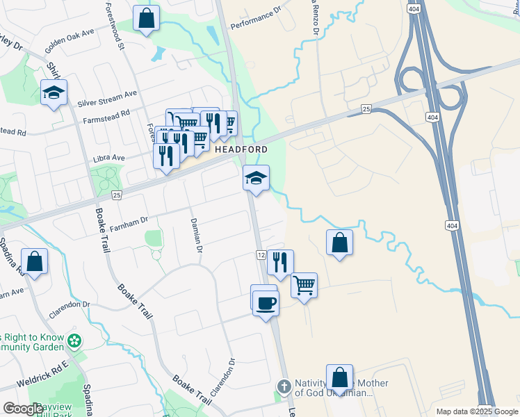 map of restaurants, bars, coffee shops, grocery stores, and more near 9893 Leslie Street in Richmond Hill