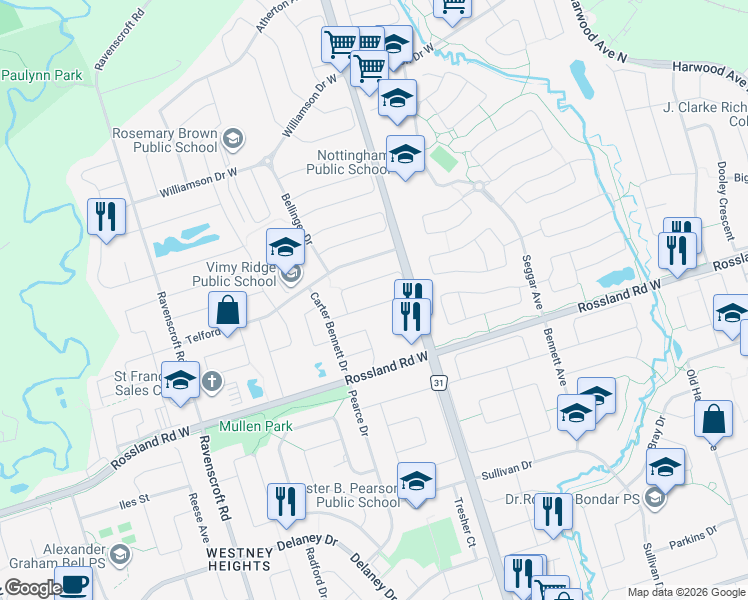 map of restaurants, bars, coffee shops, grocery stores, and more near 102 Bean Crescent in Ajax